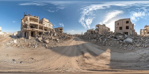 360-degree equirectangular panorama photo of destroyed buildings in the middle east, war torn, dirt road with debris and rubble, e mulitple points of view