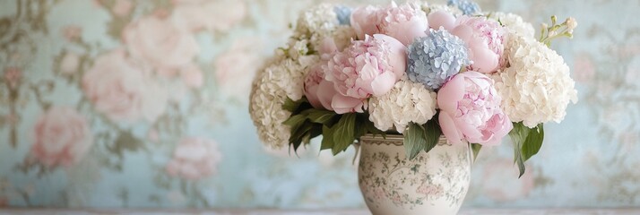 Canvas Print - A bouquet featuring peonies and hydrangeas in soft hues fills an antique vase against a beautifully decorated floral background. Generative AI