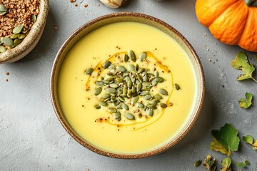 Autumn pumpkin cream soup with seeds is healthy organic vegetarian food. Vegan vegetable soup on grey background. Top view.