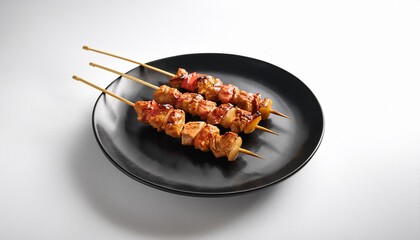 Yakitori on black plate with white background isolated