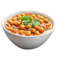 A delicious bowl of chickpea curry garnished with fresh cilantro leaves, a flavorful and healthy vegetarian dish in a white bowl.