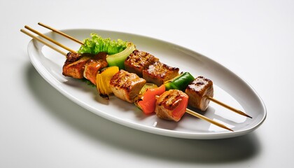 Yakitori on white plate with white background isolated