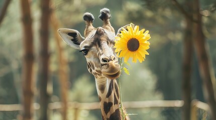 Wall Mural - Cute giraffe with a flower. Cute giraffe with a flower