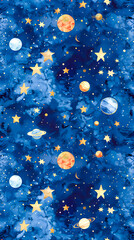 Seamless pattern gift wrapping paper with colorful planets