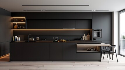 Modern and minimalist apartment interior kitchen kitchen with long island dark materials with matte details finish