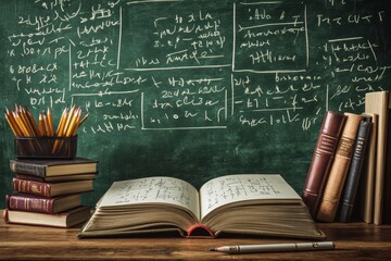 Poster - Open book with pencils on a wooden table, a chalkboard with mathematical formulas in the background.