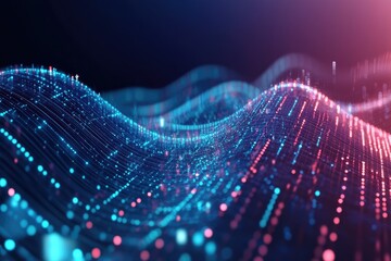 Poster - A vibrant abstract representation of flowing digital waves with glowing particles, ideal for technology and innovation themes.