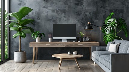 modern flat interior with grey couch wooden desk with lamp and mockup computer and Monstera Deliciosa plant