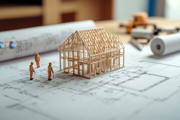 Poster - Miniature construction workers stand near a wooden frame house model on blueprint plans.