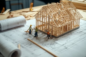 Poster - Miniature construction workers building a wooden house model on top of blueprint plans.