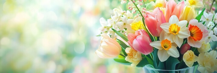 Poster - A stunning arrangement of tulips, daffodils, and cherry blossoms adds color and freshness to a bright, sunlit space. Generative AI