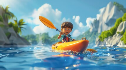 A cartoon boy paddles a yellow kayak on a blue lake surrounded by green trees and mountains under a sunny sky.