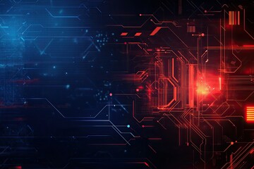 Abstract digital background with glowing circuit patterns in blue and red, representing technology and innovation.