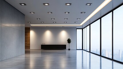 Poster - Modern Office Interior with Large Windows and City View