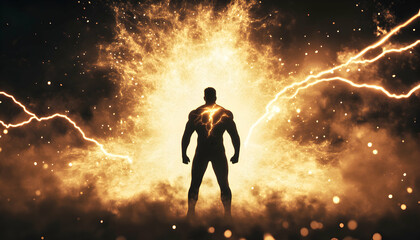 Silhouette of a man standing in front of a glowing energy explosion with lightning.