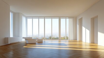 Canvas Print - Modern Living Room with City View and Sunlit Wood Floor