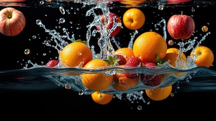 Wall Mural - Falling fruit, fruits with water drops, falling water, apples with black isolated, fruit and berries