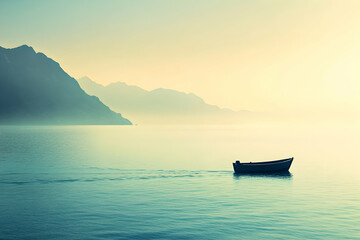 Wall Mural - A lone boat on a calm lake with mountains in the background.