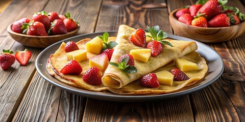 Delicious crepes topped with fresh strawberries and pineapple on a rustic table