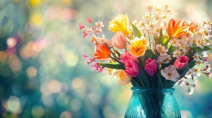 Poster - A spring bouquet bursts with colors of tulips, daffodils, and cherry blossoms, perfectly displayed in a clear glass vase. Generative AI
