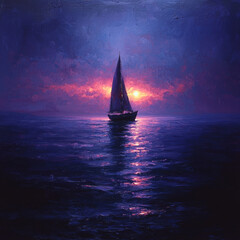 Wall Mural - A lone sailboat sails towards a vibrant sunset on a calm sea.