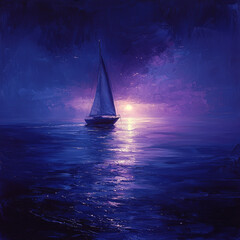 Wall Mural - A sailboat sails towards a distant sunset on a calm ocean. The sky is painted with shades of purple and pink.