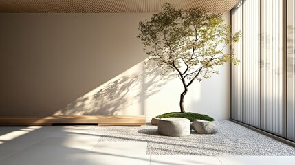 Sticker - Minimalist Zen Garden with Tree and Stone Seating