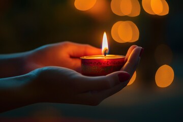 Folded hands for prayer or meditation by a lighted candle. Burning candle symbol of eternity and remembrance of the dead. with generative ai