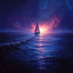 Wall Mural - A sailboat sails across the ocean at sunset, with the sky ablaze with pink and purple hues.