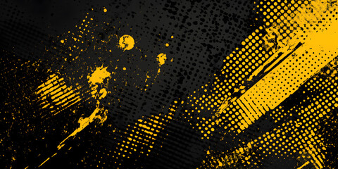 yellow spots, splashes and dotted paint marks on a black background. grunge texture of old background