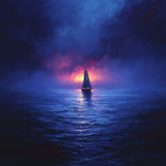 Poster - A sailboat sails across a calm sea at sunset, with a vibrant pink and purple sky overhead.