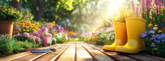 Wall Mural - yellow rubber boots with plants in them, sitting on a wooden path, surrounded by beautiful flowers i