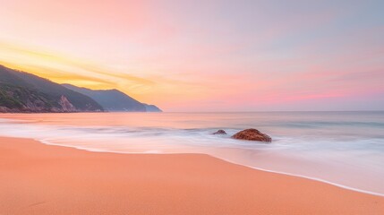 Wall Mural - Tranquil Beach Sunset with Gentle Waves and Rocky Outcrop