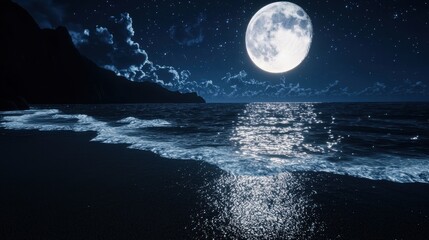 Poster - Ocean Waves Under Full Moon and Stars at Night