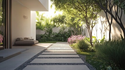 Wall Mural - Modern Stone Pathway Leading to Lush Garden