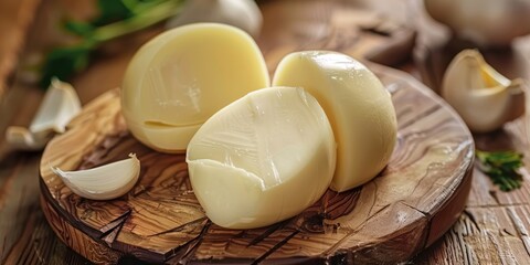 Wall Mural - Smoked scamorza cheese displayed on a rustic cutting board