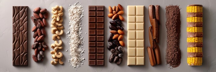 Wall Mural - Product advertisement featuring a realistic candy bar showcasing key ingredients such as cocoa, sugar, dairy, nuts, corn, natural gas, and diesel.