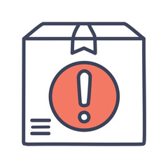 Warning package icon. A cartoon package with a red warning sign. Represents problems with delivery, shipping, or logistics.