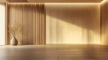 Sticker - Minimalist Wooden Room with Sunlight and Dried Flowers in a Vase