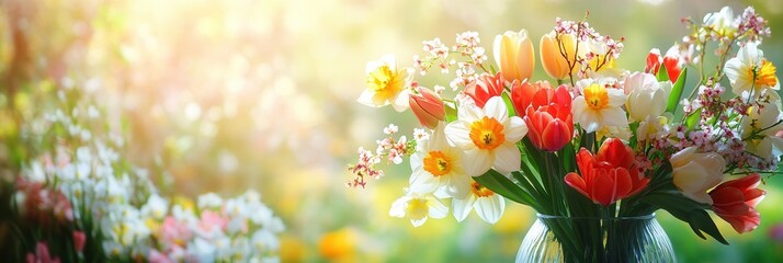 Poster - A beautifully arranged spring bouquet showcases tulips, daffodils, and cherry blossoms, brightening a sunny garden setting. Generative AI