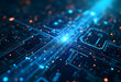 © PTD - A futuristic technological scene with a circuit board as the central focus. The circuit board is illuminated by vibrant blue lights with glowing lines
