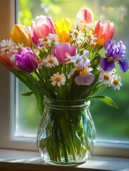 Poster - A bouquet of vibrant tulips, irises, and daisies brightens a sunny windowsill, showcasing the beauty of spring flowers in natural light. Generative AI