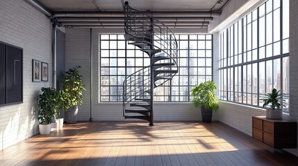 Canvas Print - Modern Loft Interior with Spiral Staircase and City View