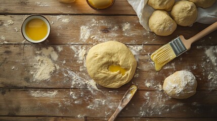 dough being shaped into rolls, small bowl with melted butter, pastry brush, rustic wooden surface, soft morning light, traditional and comforting baking setup