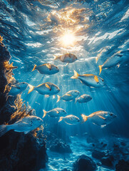 A school of fish swim through the clear blue water as sunlight filters through the surface.