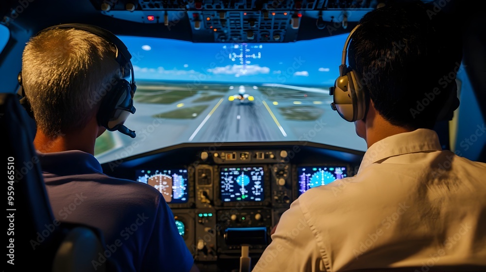 Flight Instructor Guiding Student Through Simulated Aircraft Landing ...