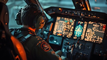 Poster - pilot in a high-tech flight simulator during training exercise