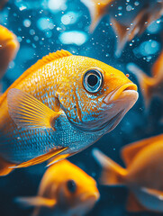 Wall Mural - A vibrant yellow fish with blue scales swims in a clear blue aquarium.