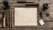 © LKT - calligraphy pen with ink, practice paper, ruler, pencil, eraser, wooden table, soft natural light, calligrapher's crafting setup