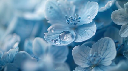 07250736 99. Beautiful macro photograph of a water drop on blue flower blossoms, highlighted by gentle white light and a soft-focus background, creating an ideal wallpaper or backdrop for floral